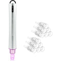 PIPM microneedling derma pen front view showing ergonomic silver body and purple cartridge