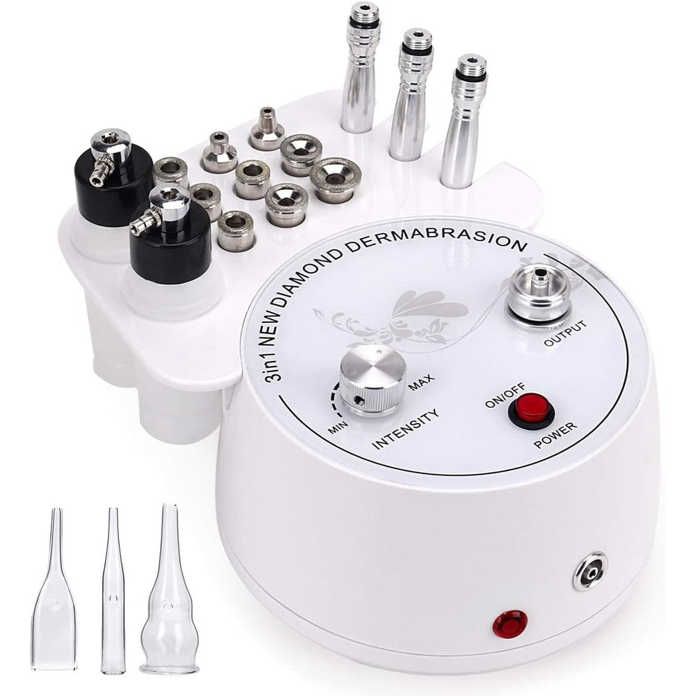 Beauty Star 3 in 1 microdermabrasion machine front view showing white main unit and control dials.