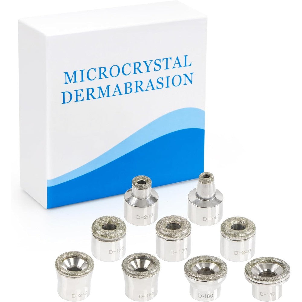 UNOISETION Diamond Microdermabrasion Tips front view showing the 9-piece stainless steel collection.