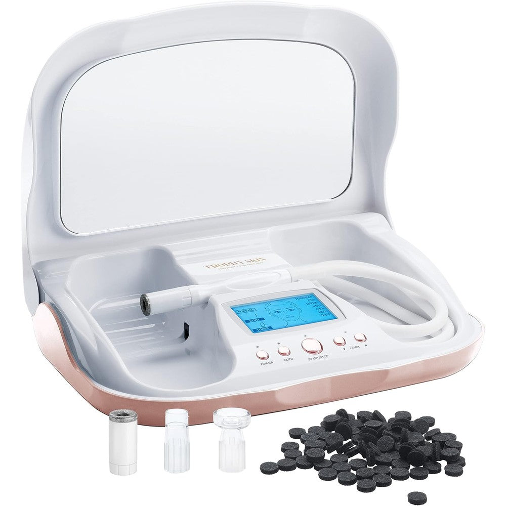Trophy Skin MicrodermMD at home microdermabrasion kit front view displaying the interactive LCD screen