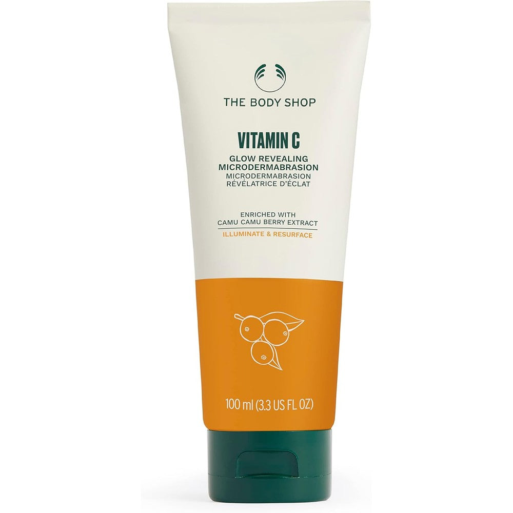 The Body Shop Vitamin C Glow Boosting Microdermabrasion 100ml front view showing authentic packaging.
