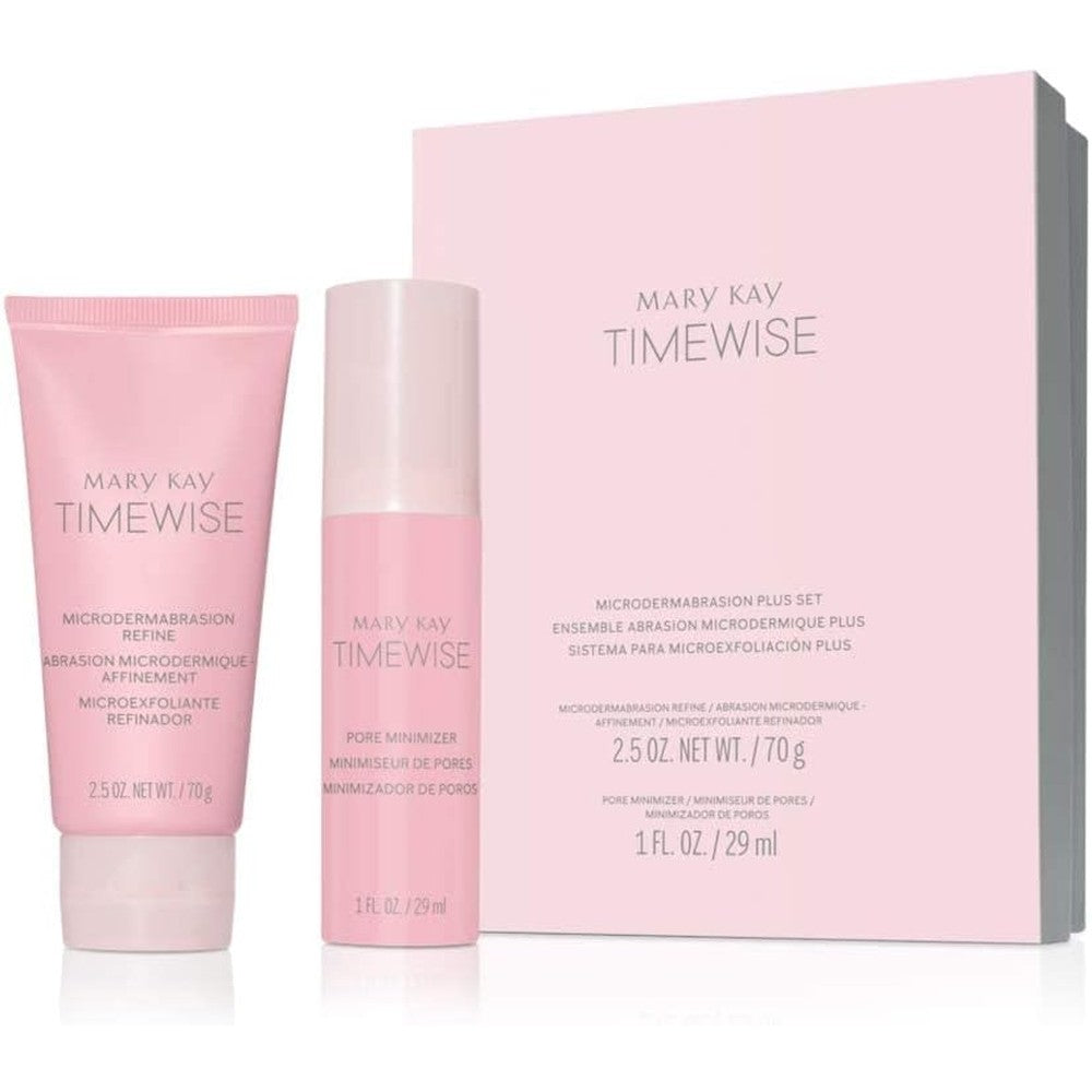 Mary Kay TimeWise Microdermabrasion Plus Set front view showing Step 1 Refine tube and Step 2 Pore Minimizer bottle.