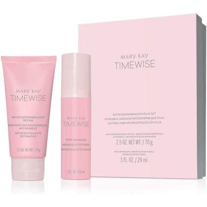 Mary Kay TimeWise Microdermabrasion Plus Set front view showing Step 1 Refine tube and Step 2 Pore Minimizer bottle.