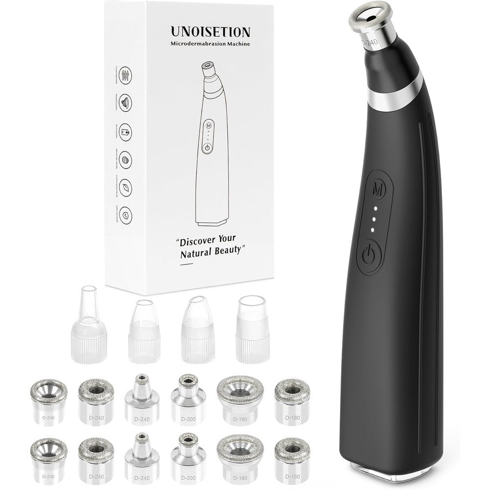 UNOISETION Diamond Microdermabrasion Machine front view showing the sleek black ergonomic handle and power button.
