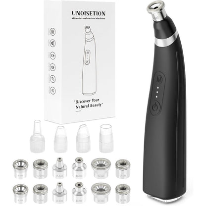 UNOISETION Diamond Microdermabrasion Machine front view showing the sleek black ergonomic handle and power button.
