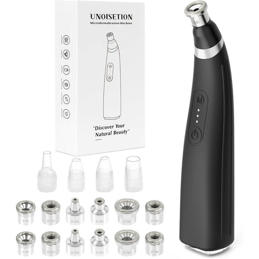 UNOISETION Diamond Microdermabrasion Machine front view showing the sleek black ergonomic handle and power button.