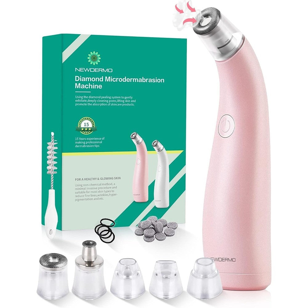 NEWDERMO 2-in-1 Microdermabrasion Machine pink front view showing the diamond exfoliation tip
