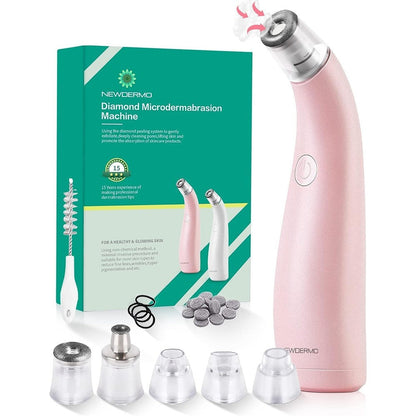 NEWDERMO 2-in-1 Microdermabrasion Machine pink front view showing the diamond exfoliation tip