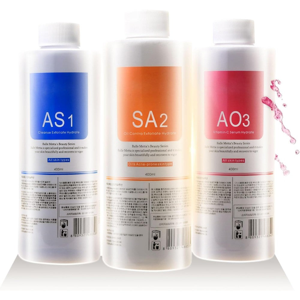 Crowsuggy professional hydro peeling solution front view showing three premium bottles for aqua facial machines