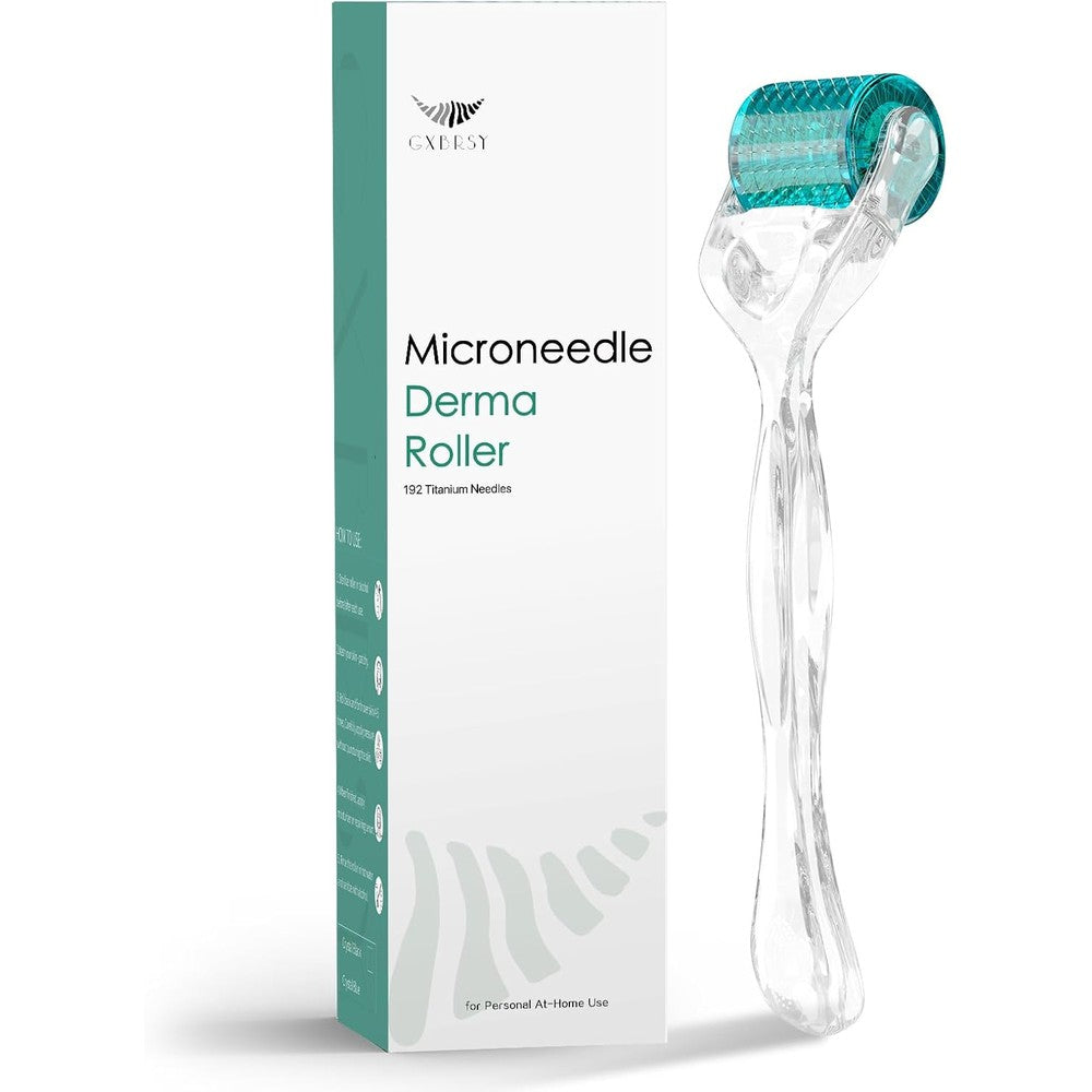 GXBRSY titanium microneedle derma roller front view featuring 192 individual needles on a crystal blue head
