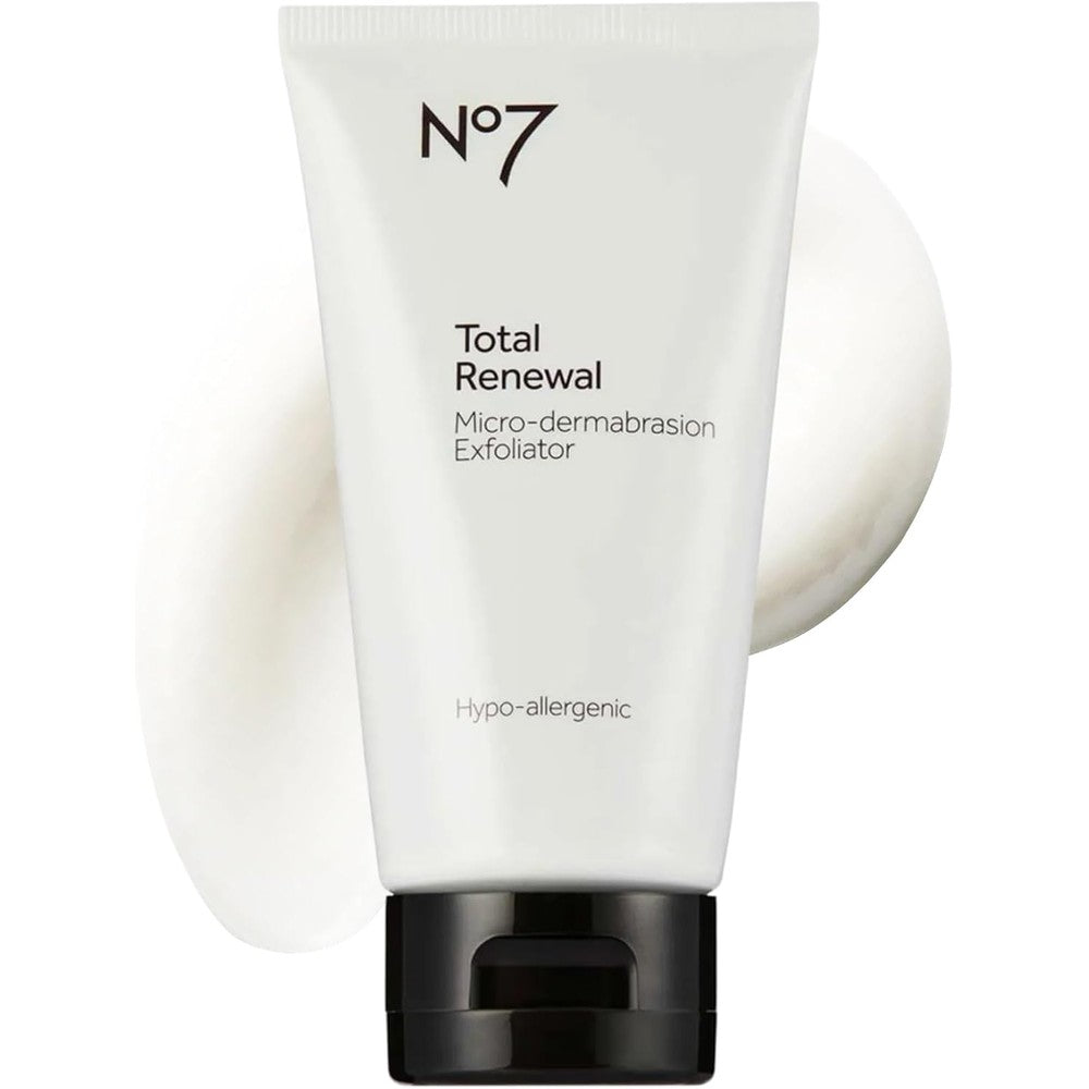 No7 Total Renewal Microdermabrasion Face Scrub front view of the 75 ml tube with flip-top cap