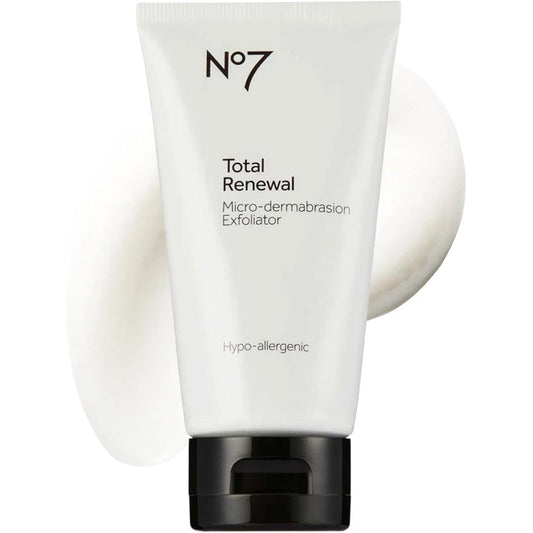 No7 Total Renewal Microdermabrasion Face Scrub front view of the 75 ml tube with flip-top cap