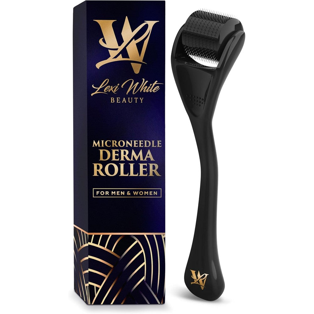 Lexi White Beauty titanium microneedling derma roller front view featuring black handle