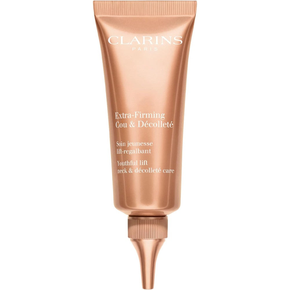 Clarins Extra Firming Neck and Decollete Cream front view of rose gold tube