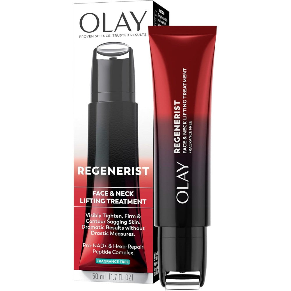 Olay Regenerist Neck and Face Roller front packaging showing the anti aging cream tube