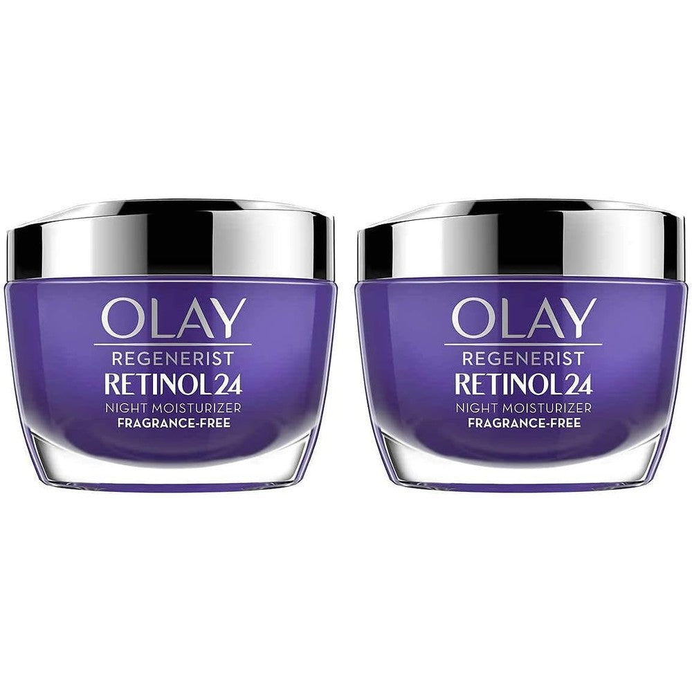 Olay Regenerist Retinol 24 Night Cream pack of two jars front view showing purple packaging