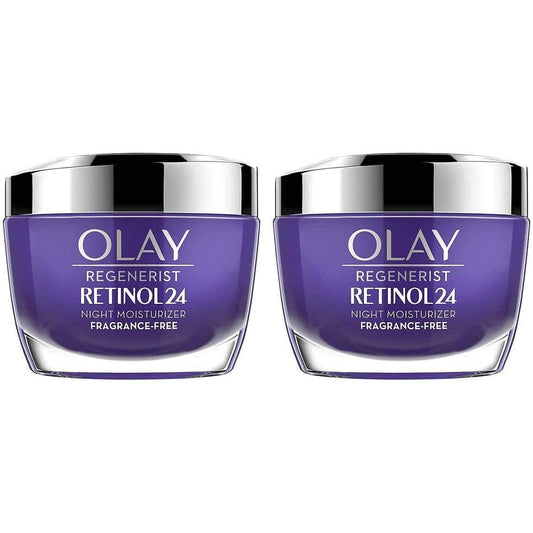 Olay Regenerist Retinol 24 Night Cream pack of two jars front view showing purple packaging