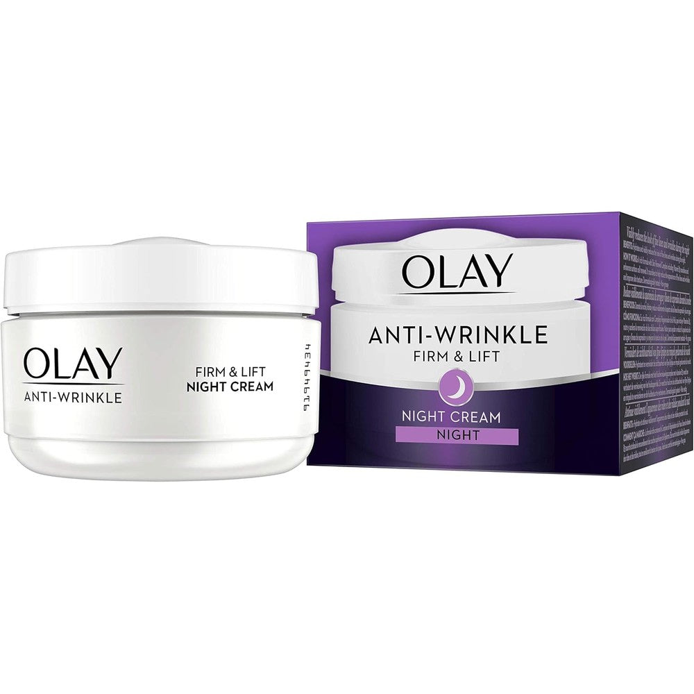 Olay Anti-Wrinkle Firm and Lift Night Cream jar front view anti-aging moisturizer