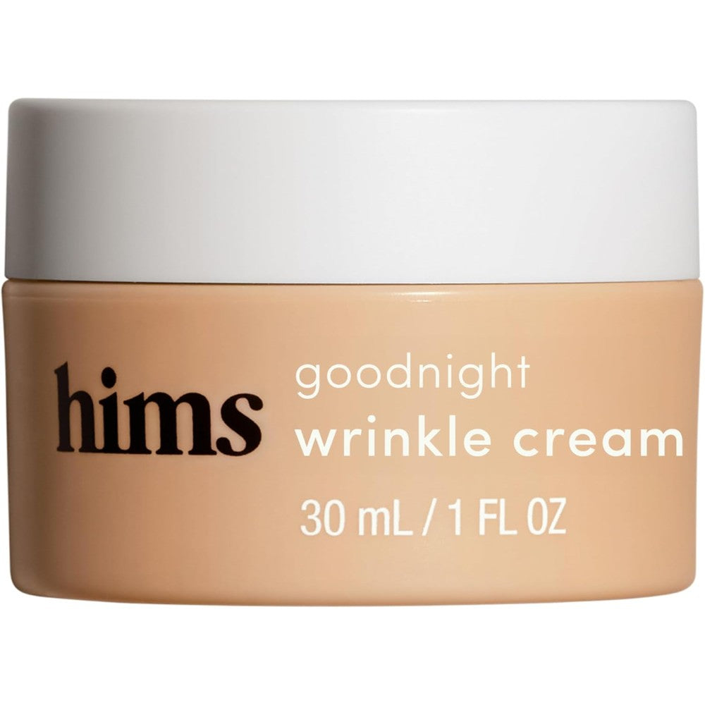 Hims Goodnight Wrinkle Cream front view of the light-beige packaging and white lid