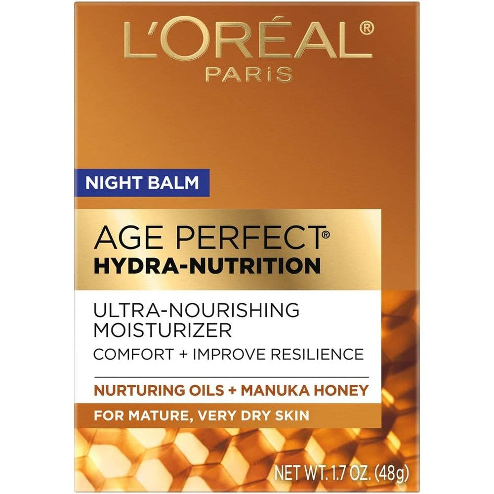 L'Oreal Paris Age Perfect Hydra Nutrition Honey Night Balm front view jar for mature dry skin care
