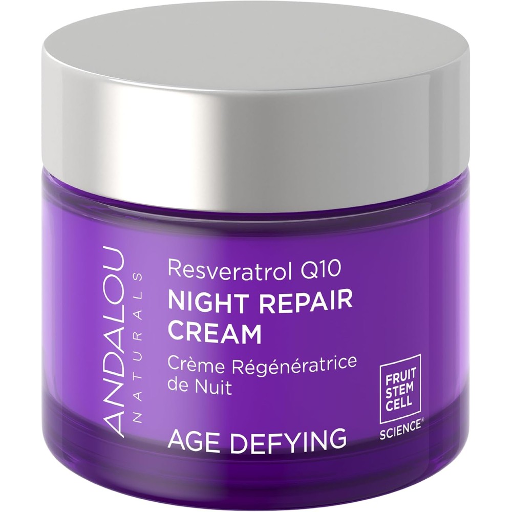 Andalou Naturals Resveratrol Q10 Night Repair Cream front view of purple jar with silver lid.