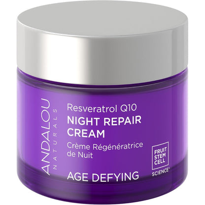 Andalou Naturals Resveratrol Q10 Night Repair Cream front view of purple jar with silver lid.