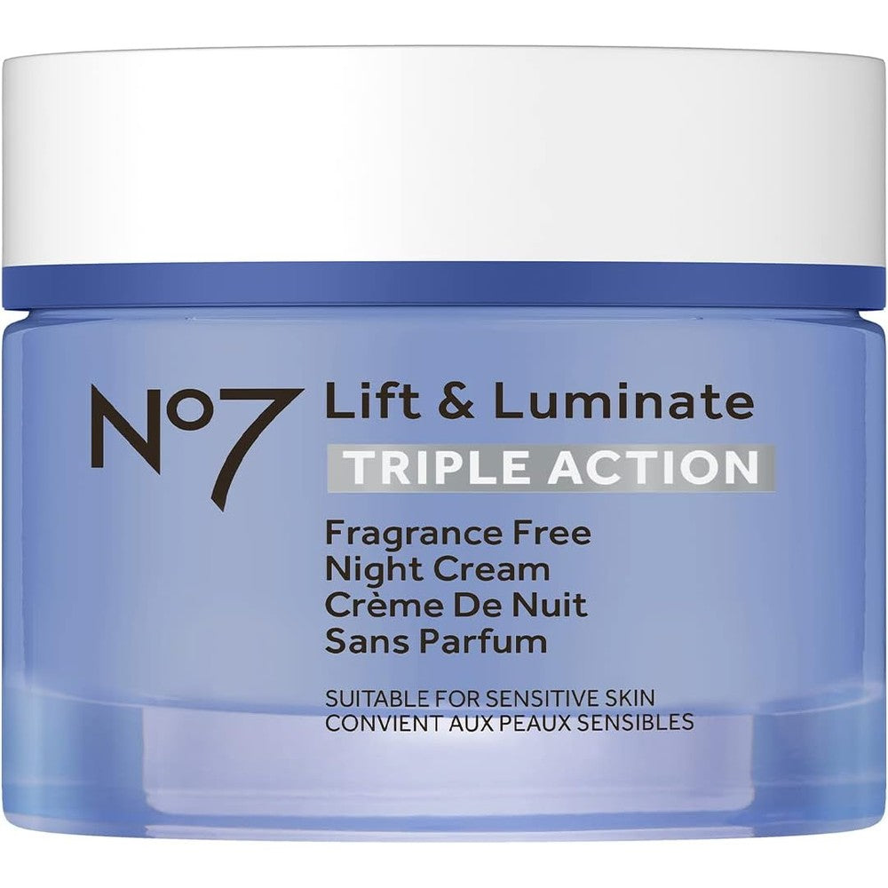No7 Lift and Luminate Triple Action Fragrance-Free Night Cream 50ml jar front view anti-aging moisturizer