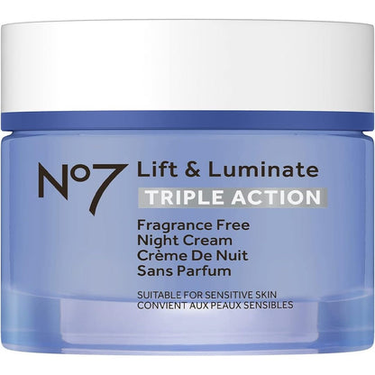 No7 Lift and Luminate Triple Action Fragrance-Free Night Cream 50ml jar front view anti-aging moisturizer