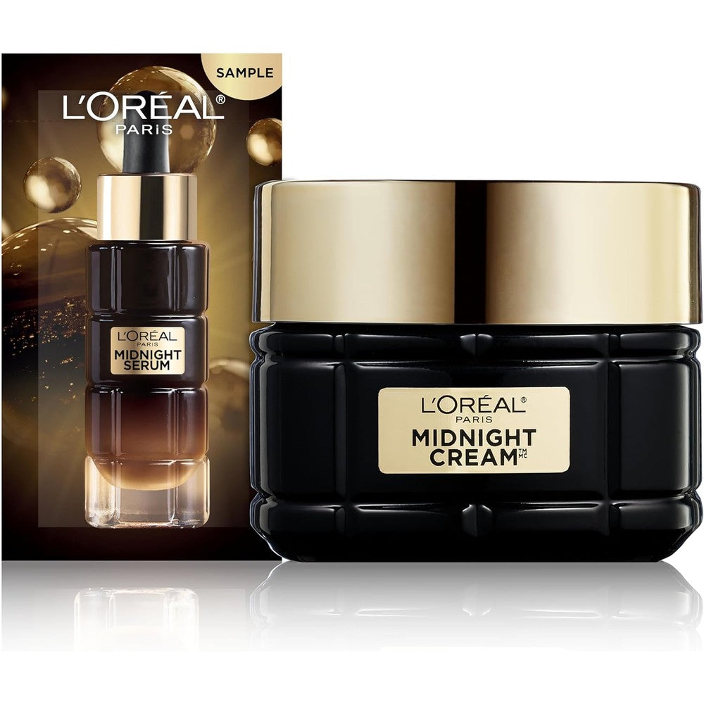 L'Oreal Paris Age Perfect Midnight Cream face moisturizer front view showing black jar and gold lid