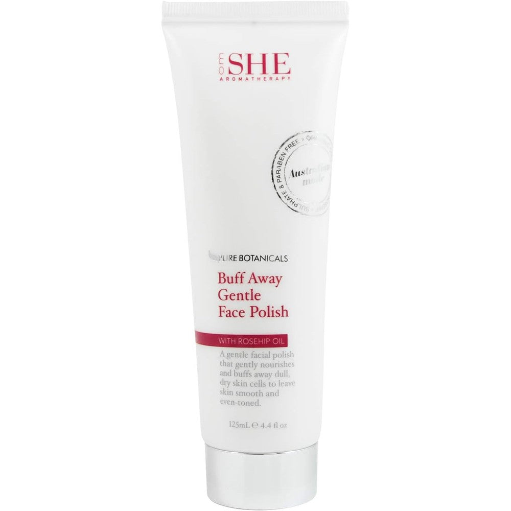 Om She Aromatherapy Rosehip Oil Buff Away Gentle Face Polish 125ml front view for smooth skin texture