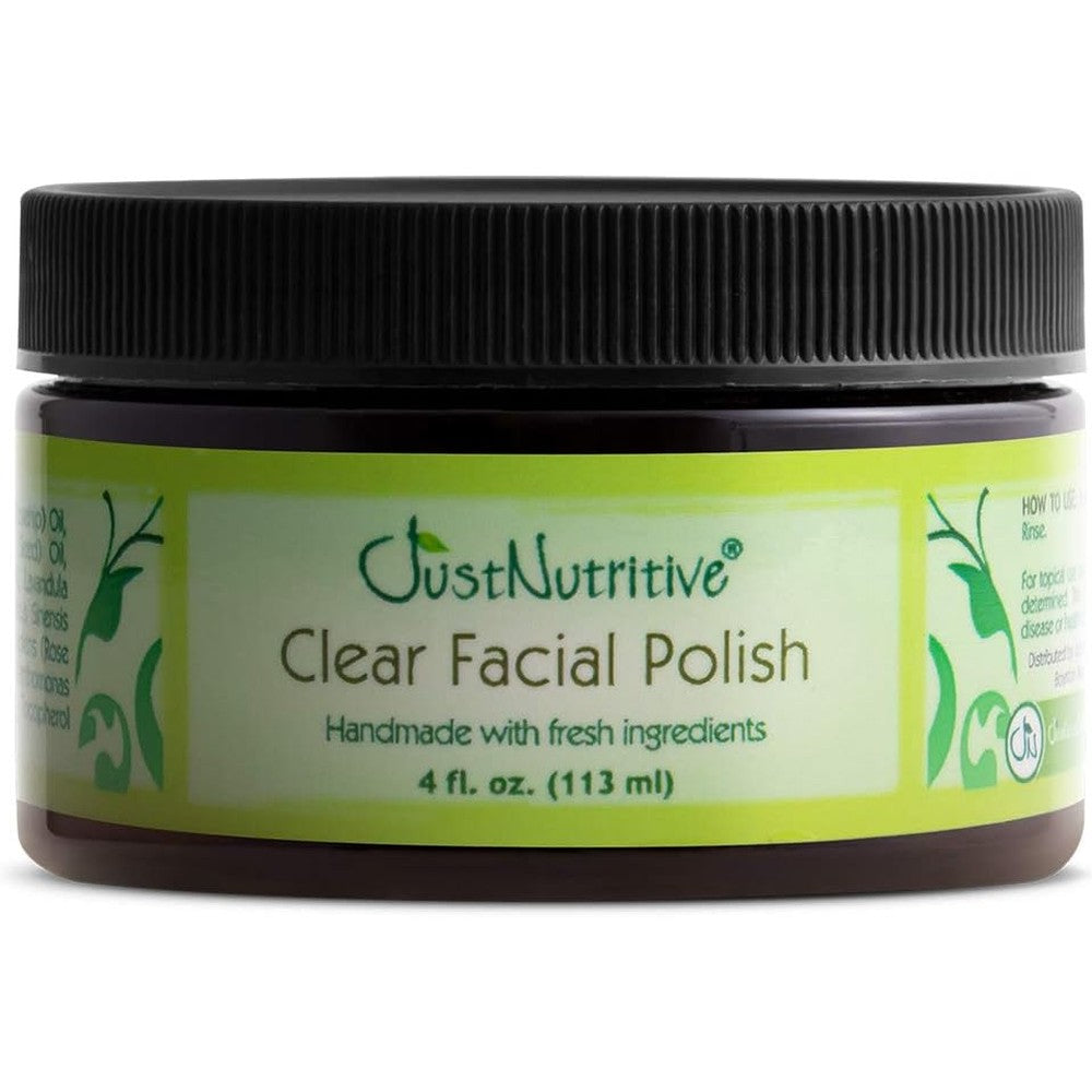 Just Nutritive Acne Clear Facial Polish 4 fluid ounce jar front view natural exfoliating scrub for acne prone skin