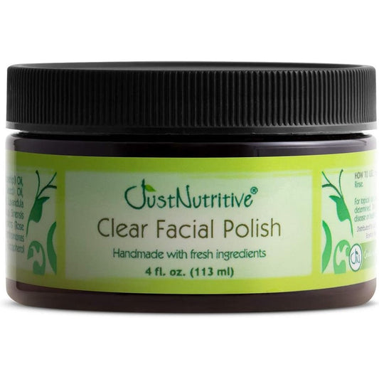 Just Nutritive Acne Clear Facial Polish 4 fluid ounce jar front view natural exfoliating scrub for acne prone skin
