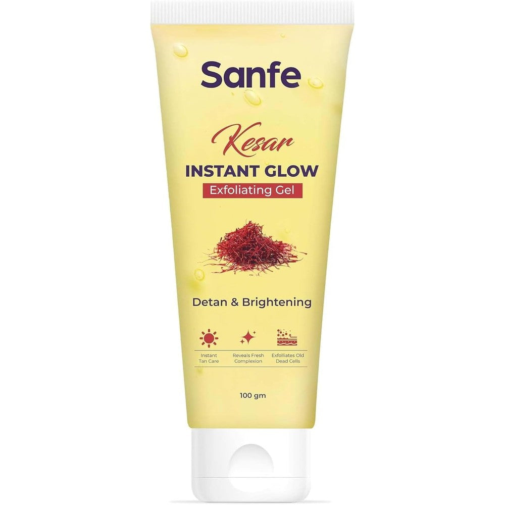 Sanfe Kesar Instant Glow Exfoliating Gel 100g front view packaging detailing tan removal and brightening action