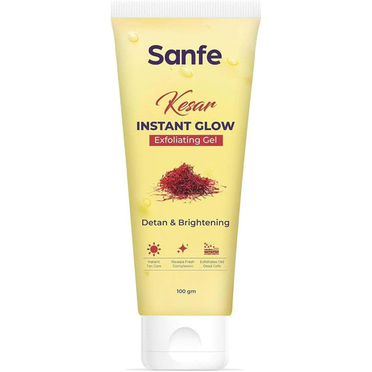 Sanfe Kesar Instant Glow Exfoliating Gel 100g front view packaging detailing tan removal and brightening action