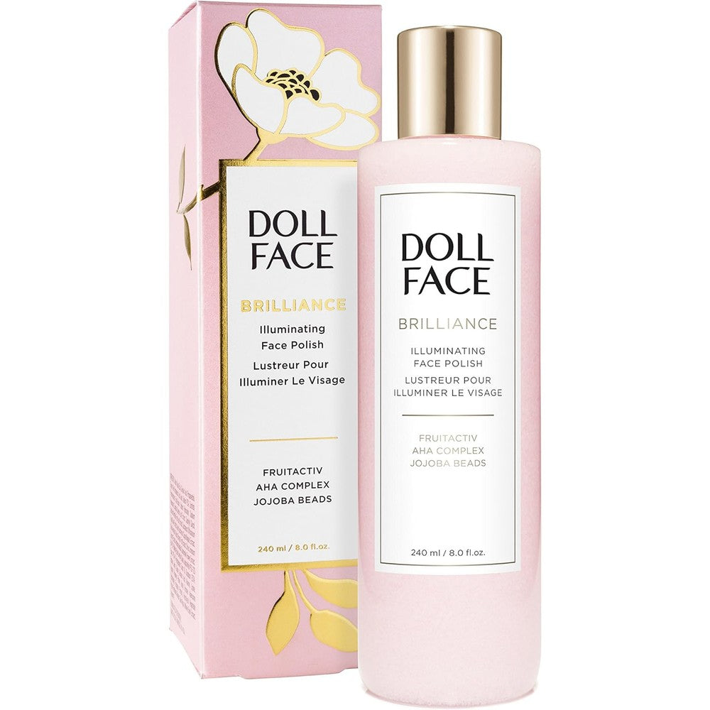 Doll Face Brilliance Illuminating Face Polish front view packaging bottle on plain background.