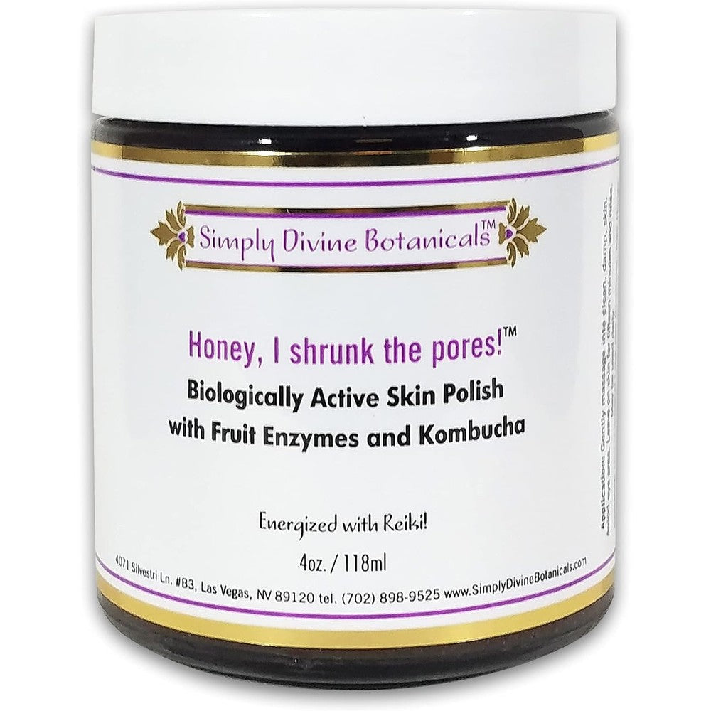 Simply Divine Botanicals Honey I Shrunk The Pores skin polish 4 Ounce front view jar.