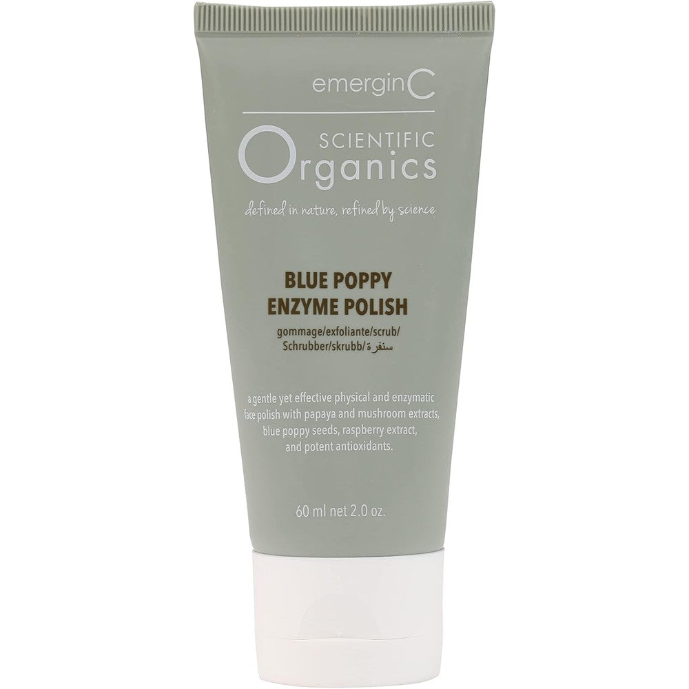 EmerginC Scientific Organics Blue Poppy Enzyme Brightening Polish front view tube on premium skincare vanity.