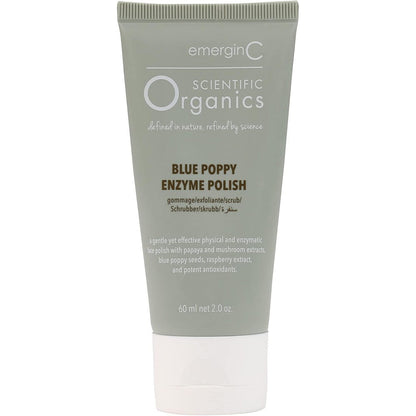 EmerginC Scientific Organics Blue Poppy Enzyme Brightening Polish front view tube on premium skincare vanity.