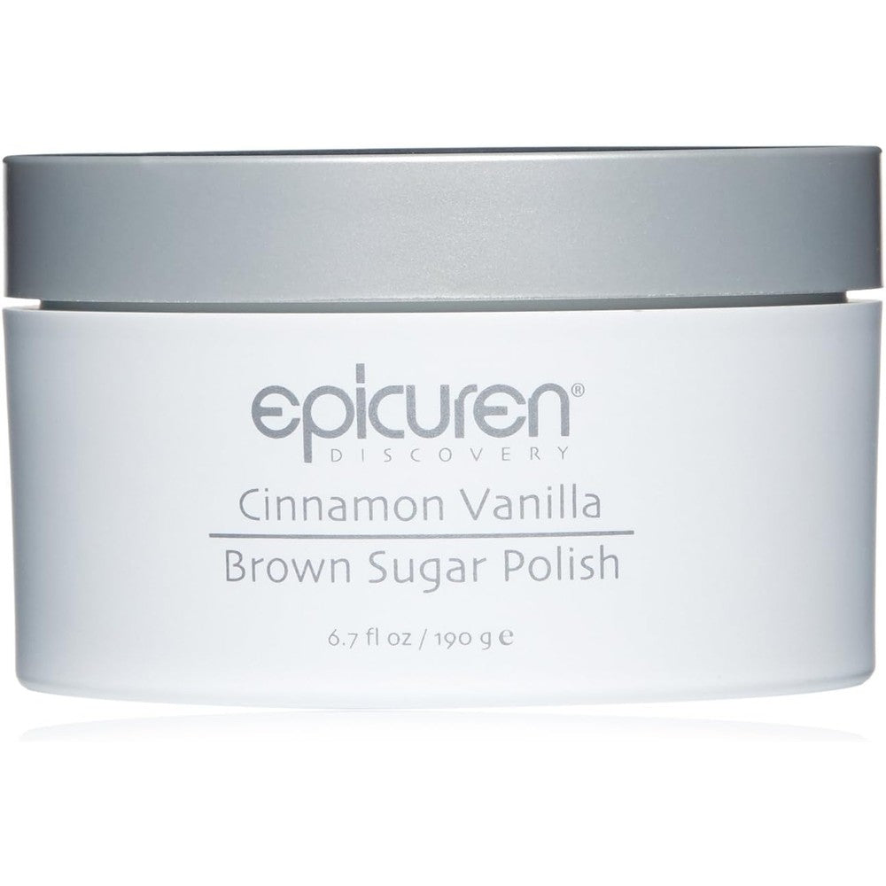 Epicuren Discovery Cinnamon Vanilla Brown Sugar Polish 6.7 Ounce jar front view luxury body scrub