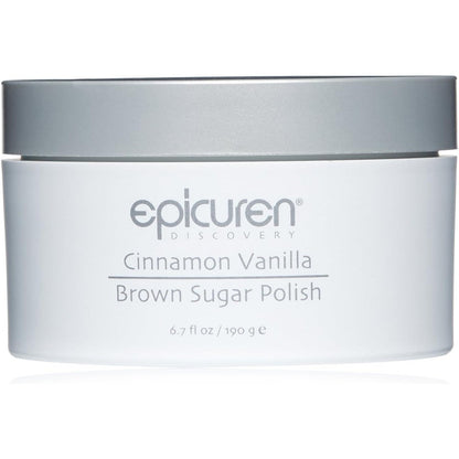 Epicuren Discovery Cinnamon Vanilla Brown Sugar Polish 6.7 Ounce jar front view luxury body scrub