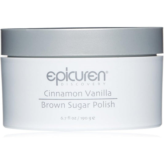 Epicuren Discovery Cinnamon Vanilla Brown Sugar Polish 6.7 Ounce jar front view luxury body scrub