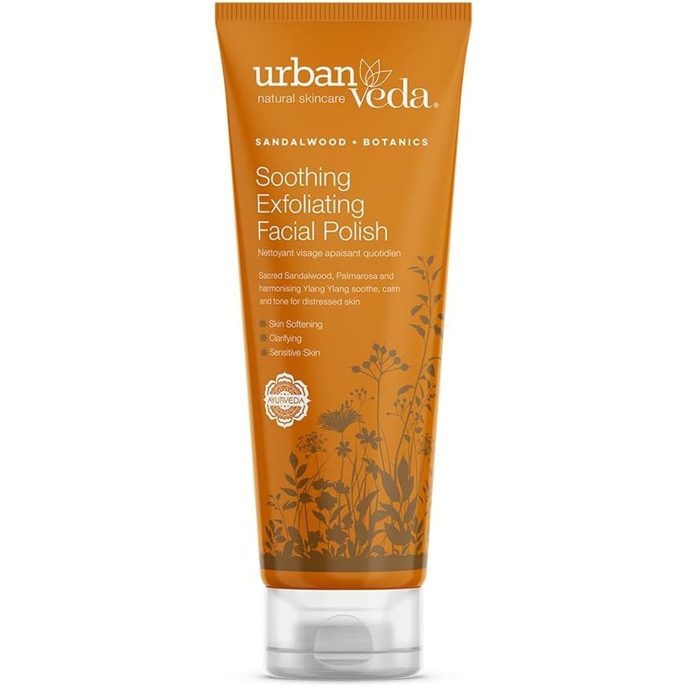 Urban Veda Radiance Brightening Face Scrub 125ml front view tube packaging showcasing key ingredients like Vitamin C and Turmeric.