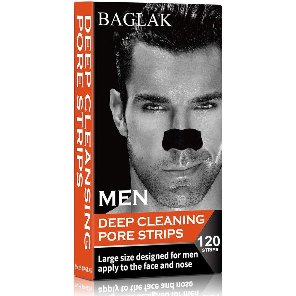 BAGLAK Men Blackhead Pore Strips front view package showing 120 count deep cleansing strips for men.