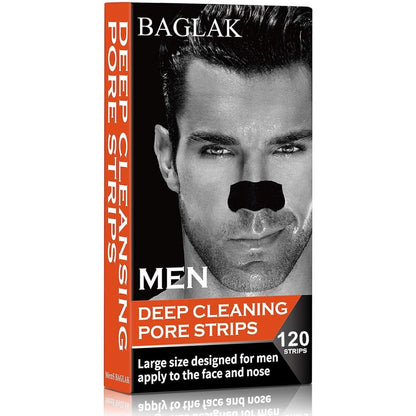 BAGLAK Men Blackhead Pore Strips front view package showing 120 count deep cleansing strips for men.