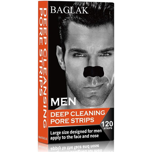 BAGLAK Men Blackhead Pore Strips front view package showing 120 count deep cleansing strips for men.