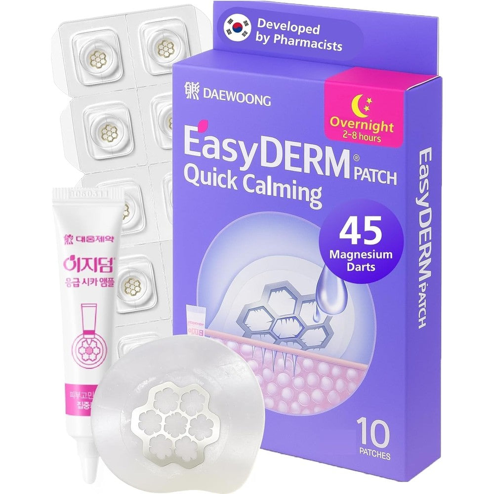 DWEasyDerm EasyDerm Quick Calming Magnesium Patches front view showing packaging with tweezers and ampoule.