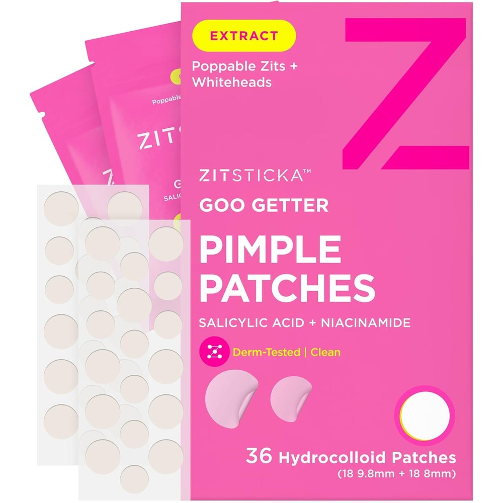 ZitSticka Goo Getter Hydrocolloid Pimple Patches front packaging view showcasing thirty six count pack for acne treatment