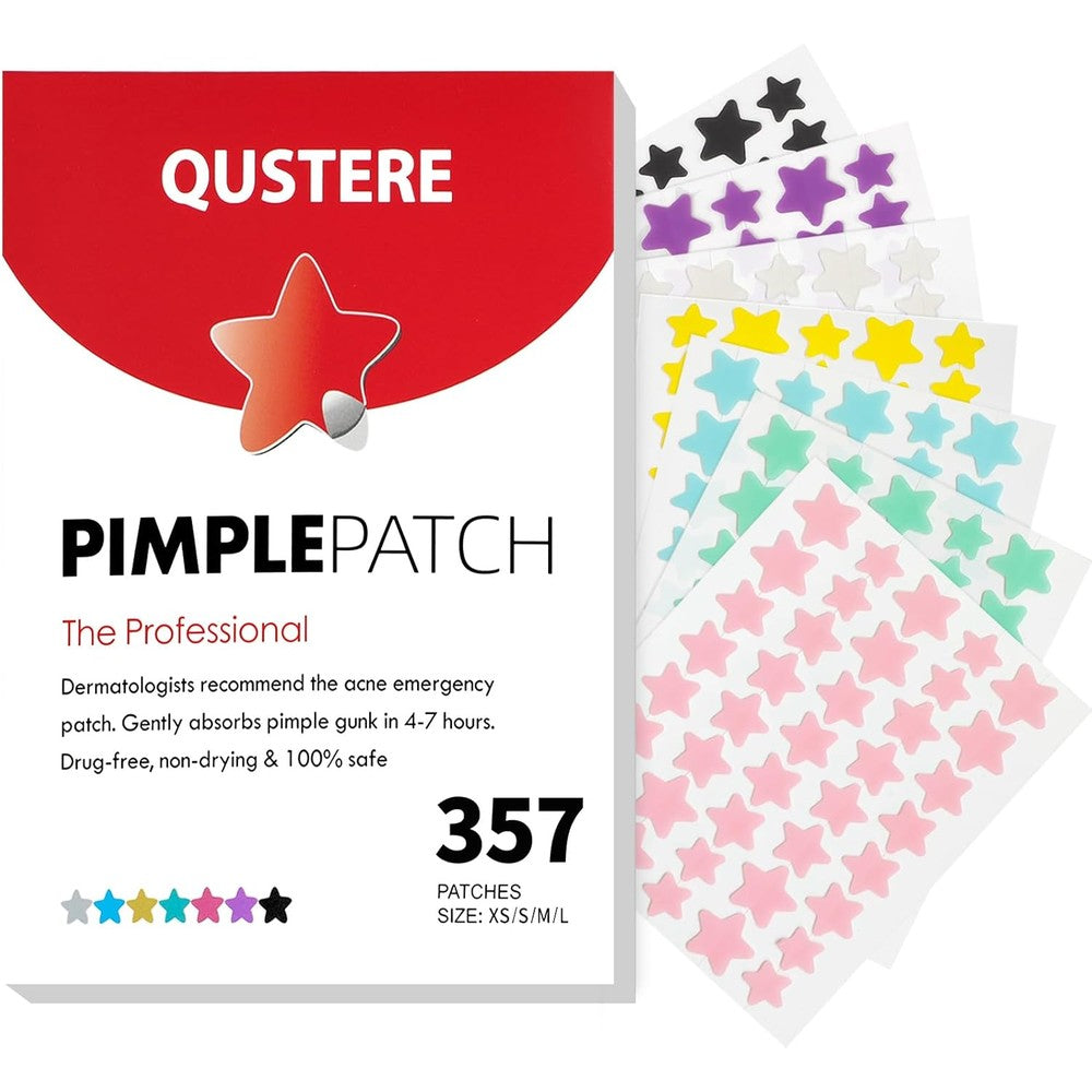 QUSTERE Pimple Patches front view showing colorful star shaped hydrocolloid sheets for acne treatment