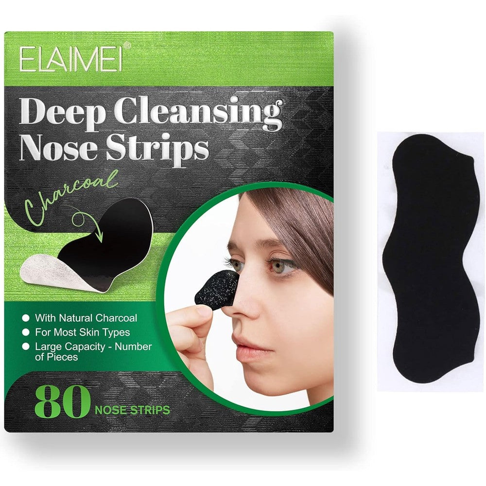 ELAIMEI Natural Charcoal Blackhead Remover Pore Strips front packaging view showing the green top and eighty pieces label
