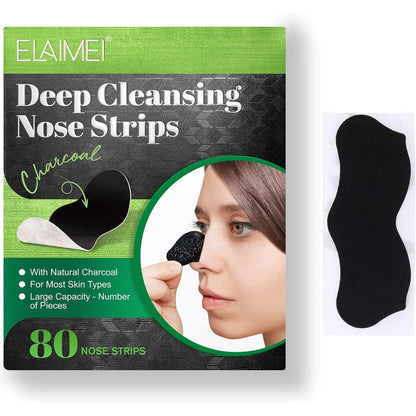 ELAIMEI Natural Charcoal Blackhead Remover Pore Strips front packaging view showing the green top and eighty pieces label